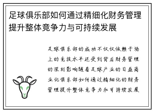 足球俱乐部如何通过精细化财务管理提升整体竞争力与可持续发展 足球俱乐部如何通过精细化财务管理提升整体竞争力与可持续发展