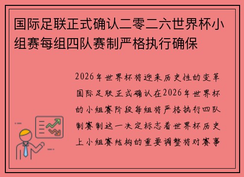 国际足联正式确认二零二六世界杯小组赛每组四队赛制严格执行确保