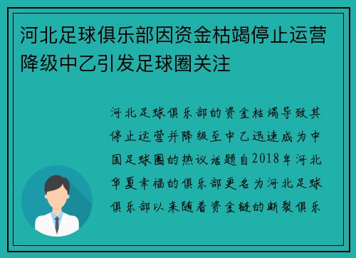 河北足球俱乐部因资金枯竭停止运营降级中乙引发足球圈关注