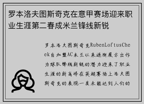 罗本洛夫图斯奇克在意甲赛场迎来职业生涯第二春成米兰锋线新锐 罗本洛夫图斯奇克在意甲赛场迎来职业生涯第二春成米兰锋线新锐