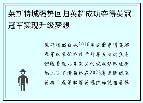 莱斯特城强势回归英超成功夺得英冠冠军实现升级梦想 莱斯特城强势回归英超成功夺得英冠冠军实现升级梦想